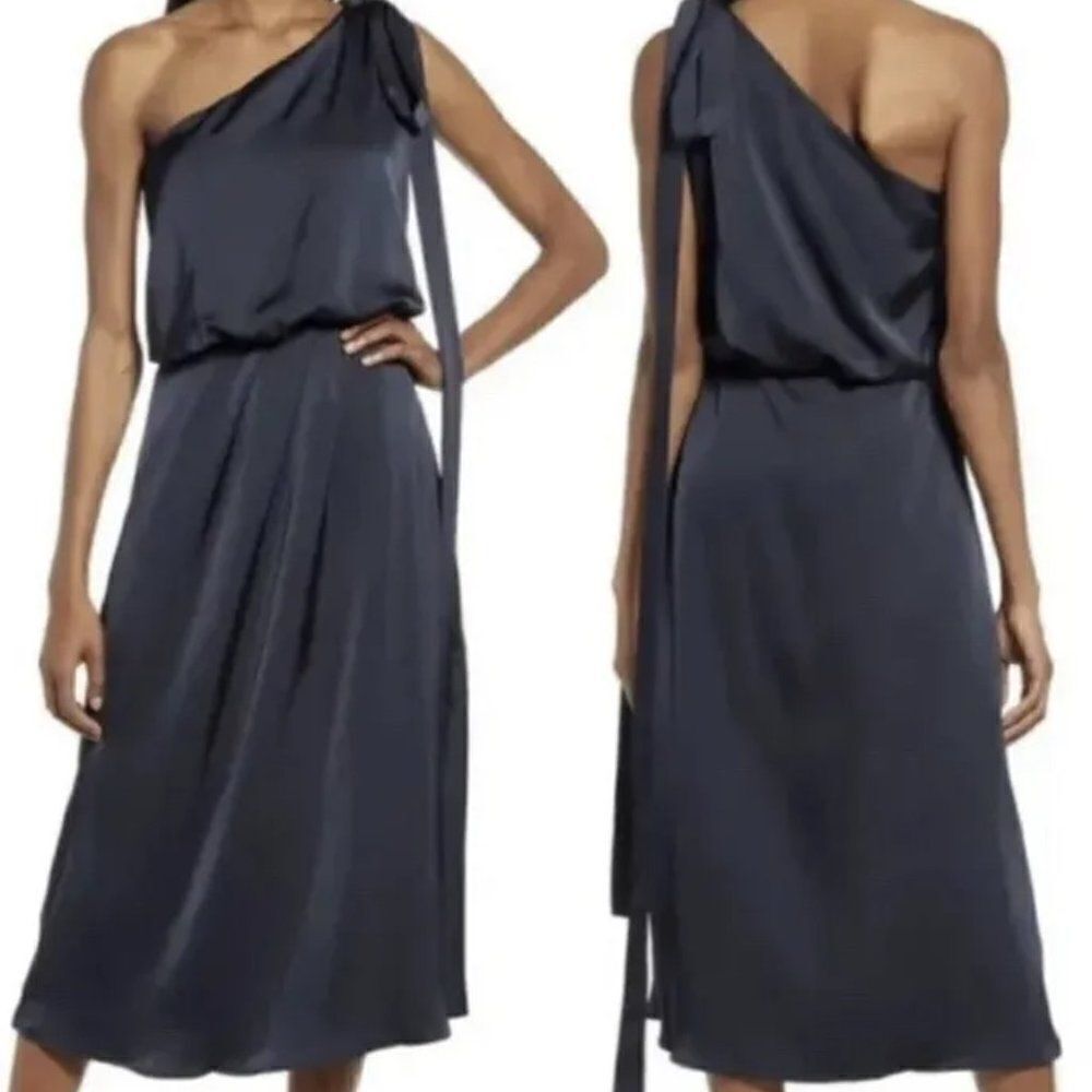 Amy Lynn Navy Blue One Shoulder Tie Satin Evening Midi Dress Size Medium - Picture 3 of 11